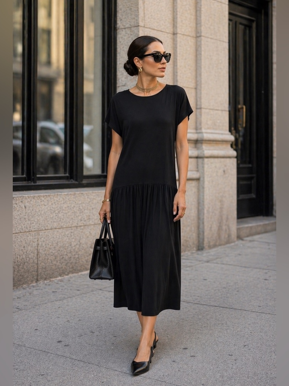 EFFORTLESS STYLE by CITIKNITS Women's Black Stretch Drop Waist Midi Dress 1X